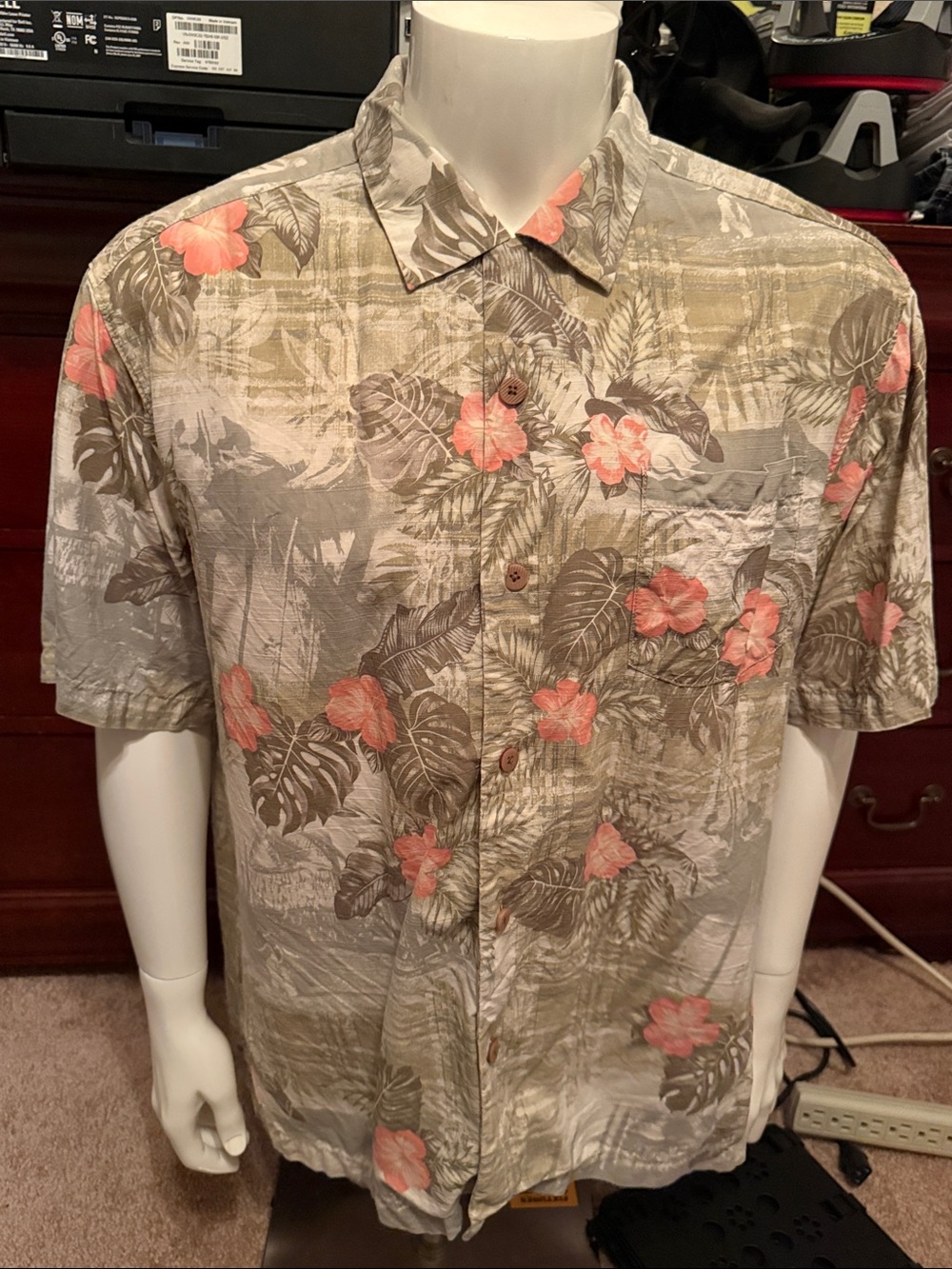 Tommy Bahama Sage Green Camp Shirt with Coral Floral Print with front pocket